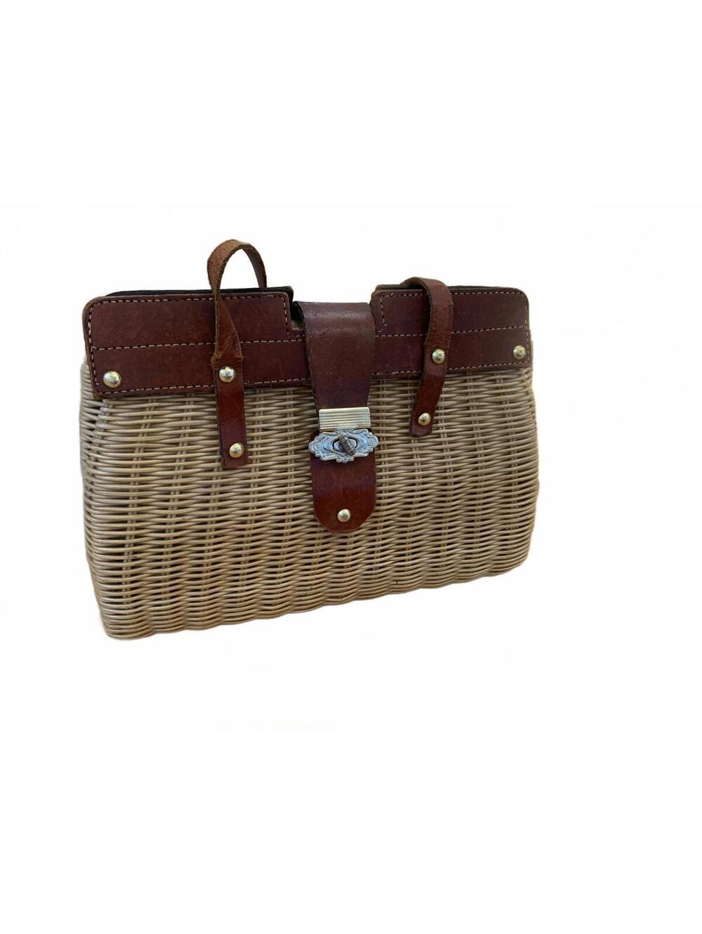 Vintage Wicker Basket Purse with Brown Leather Trim